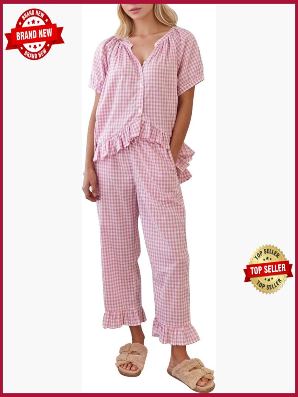 Womens 2 Piece Gingham Pajama Set Cotton Pjs Ruffle Sleepwear Loungewear